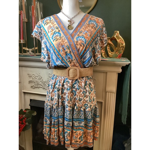 Umgee Dresses & Skirts - Umgee Boho Floral Paisley Mini Dress Sz Small Blue Orange